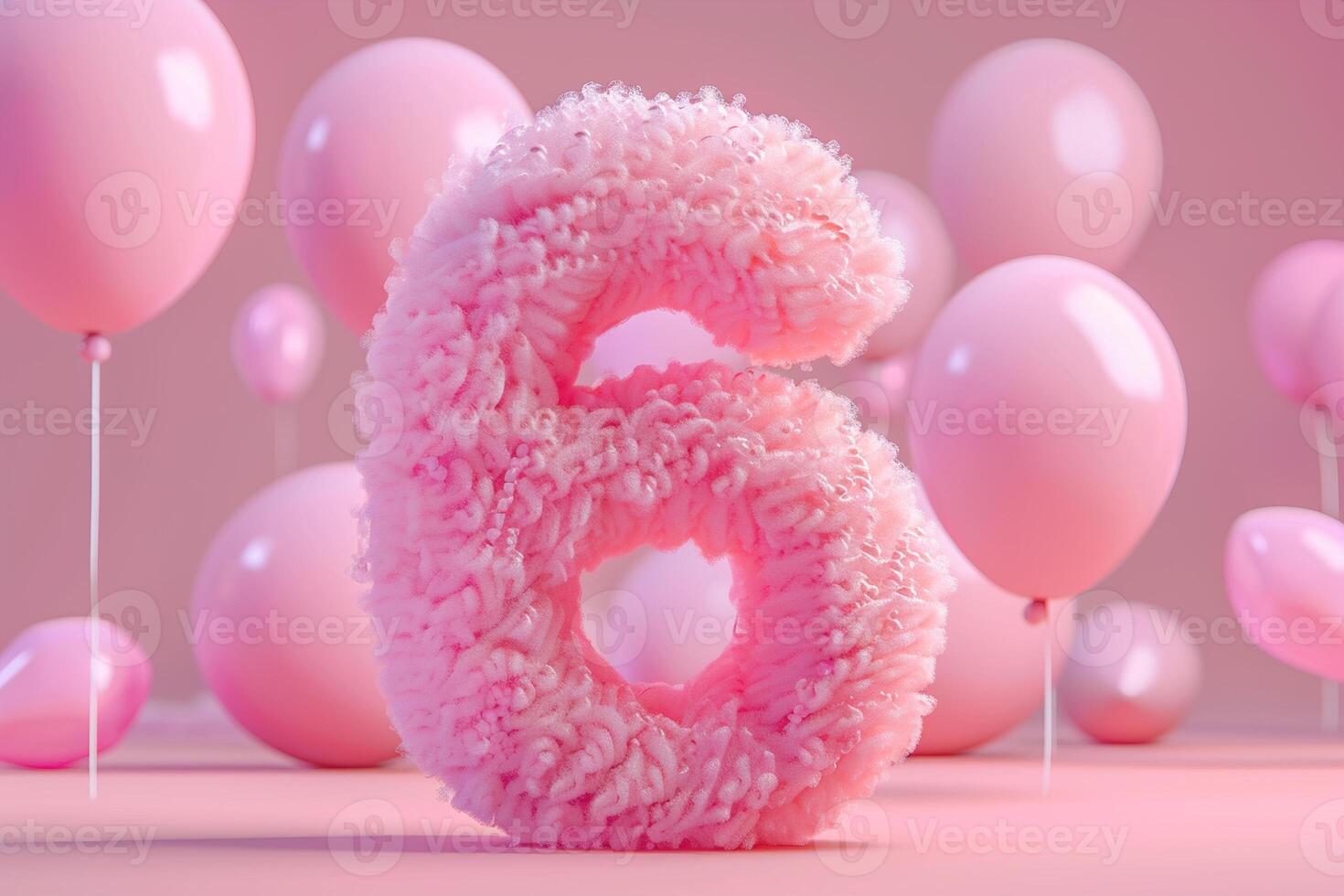 Pink, girlish and fluffy number six with blurred balloons on the background. Playful symbol 6. Invitation for sixth birthday celebration. Children, kids party. Greeting card design. photo