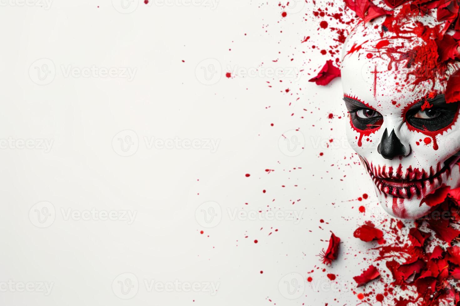 Captivating Halloween concept with skull covered in red blood splatters, surrounded by crimson petals, creating striking and dramatic visual. Perfect for themes of horror, suspense. photo
