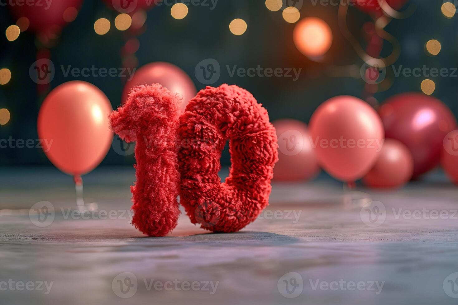 Vibrant, red and fluffy number ten with blurred balloons on the background. Playful symbol 10. Invitation for tenth birthday celebration. Children, kids party. Greeting card, vertical photo