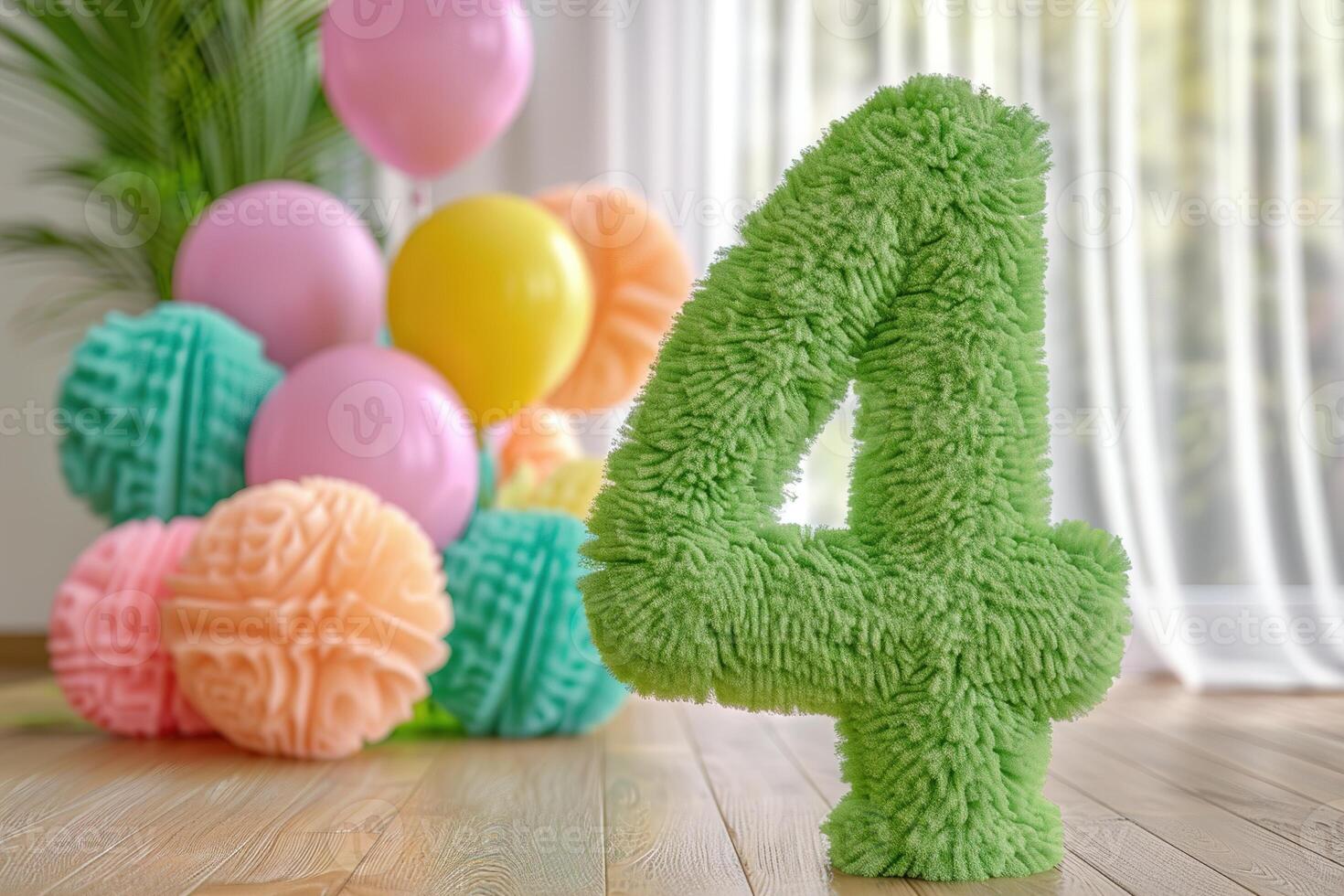 Vibrant, green and fluffy number four with blurred balloons on the background. Playful symbol 4. Invitation for fourth birthday celebration. Children, kids party. Greeting card design. photo