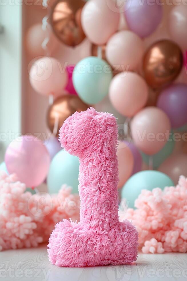 Pink, girlish and fluffy number one with blurred balloons on the background. Playful symbol 1. Invitation for first birthday celebration. Children, kids party. Greeting card, vertical. photo