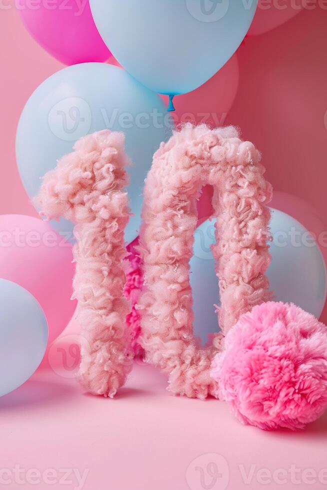 Pink, girlish and fluffy number ten with blurred balloons on the background. Playful symbol 10. Invitation for tenth birthday celebration. Children, kids party. Greeting card, vertical. photo