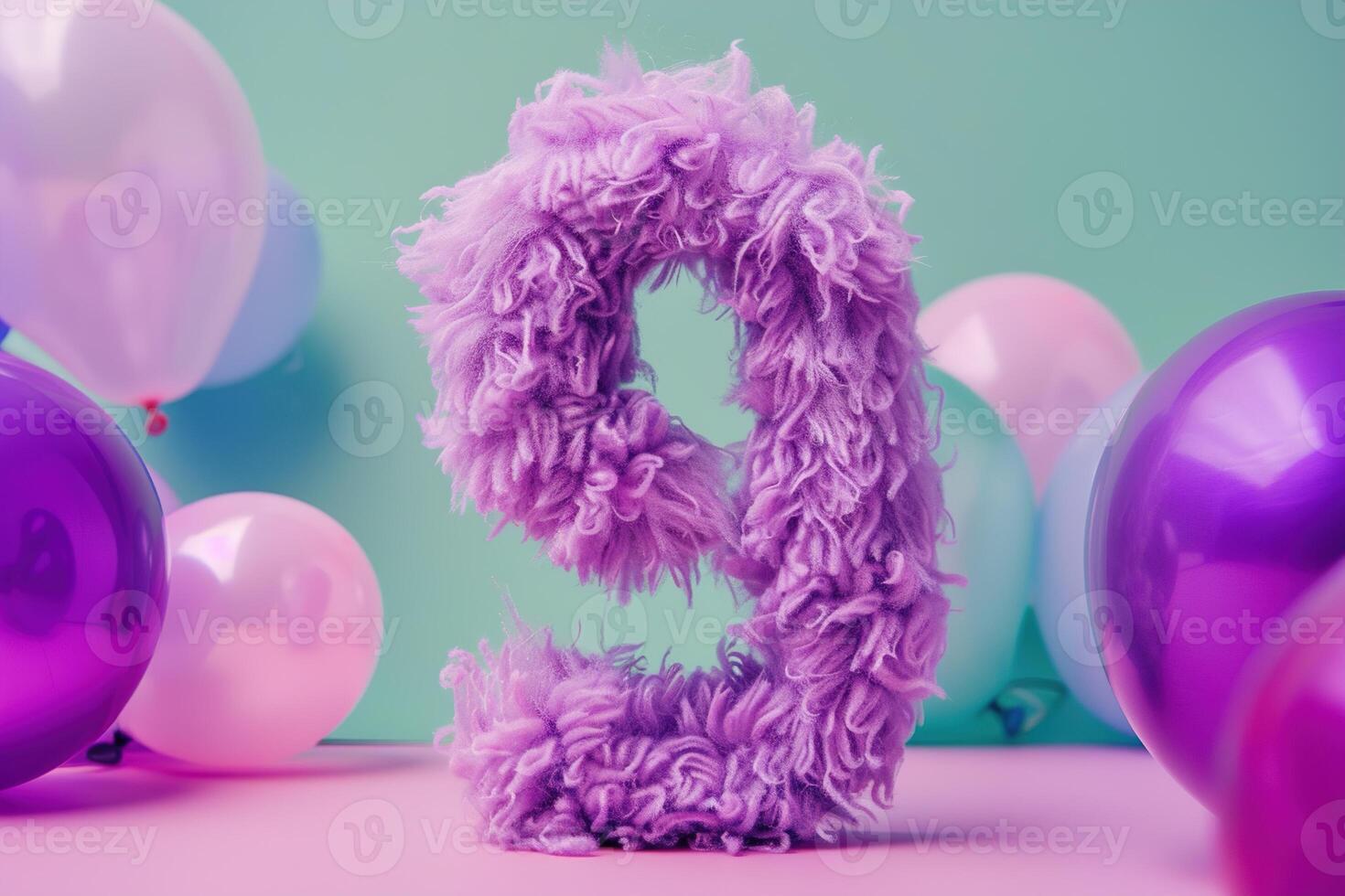 Vibrant, purple and fluffy number nine with blurred balloons on the background. Playful symbol 9. Invitation for ninth birthday celebration. Children, kids party. Greeting card. photo