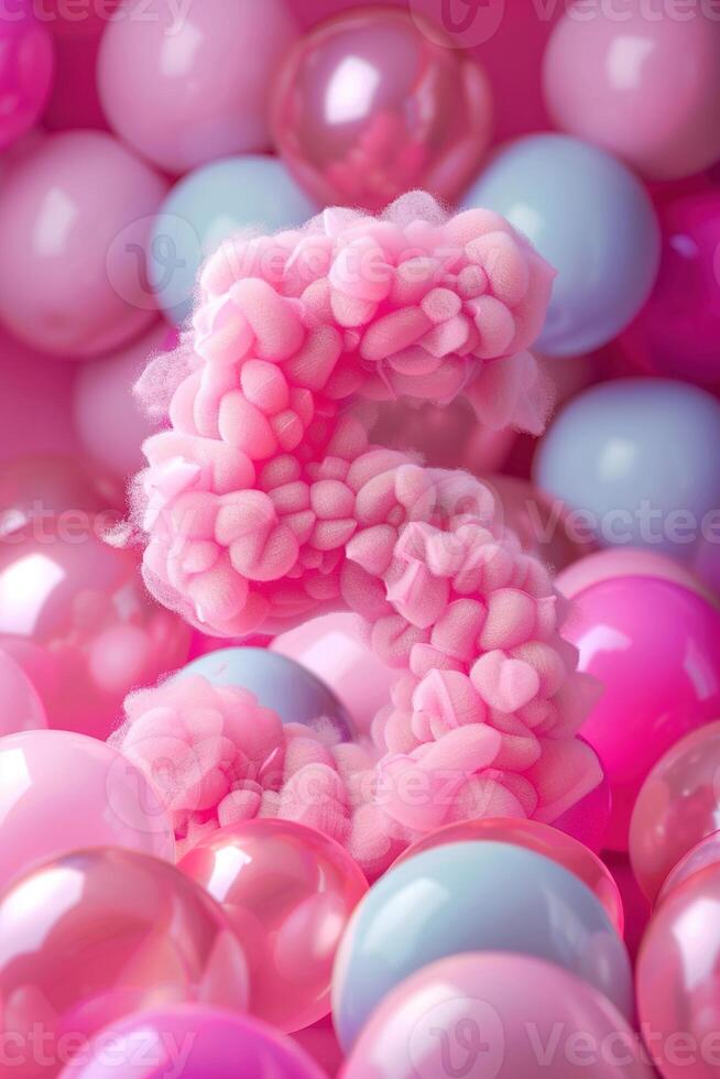 Pink, girlish and fluffy number five with blurred balloons on the background. Playful symbol 5. Invitation for fifth birthday celebration. Children, kids party. Greeting card, vertical. photo