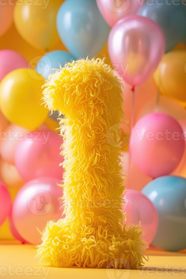 Vibrant, yellow, fluffy number one with blurred balloons on the background. Playful symbol 1. Invitation for first birthday celebration. Children, kids party. Greeting card, vertical photo