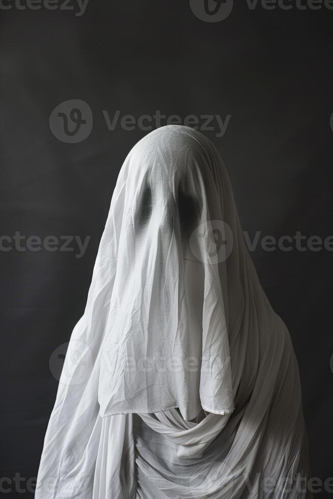 Ghostly figure draped in white, standing against dark backdrop. The minimalist composition and mysterious ambiance make it perfect for Halloween themes and horror projects. Copy space. photo