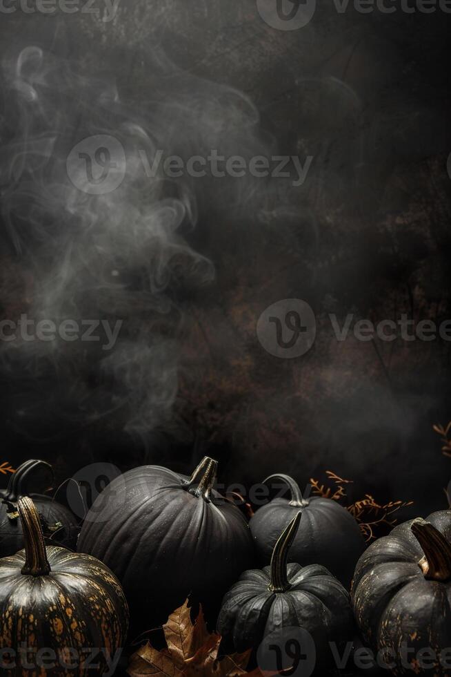Dark Halloween background with empty space, perfect for spooky seasonal promotions. Pumpkin, Jack O'Lantern. Copy space for text. Happy Halloween. Mystical backdrop. Vertical format. photo