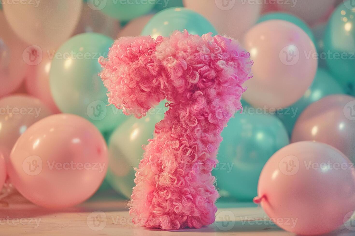 Pink, girlish and fluffy number seven with blurred balloons on the background. Playful symbol 7. Invitation for seventh birthday celebration. Children, kids party. Greeting card design. photo