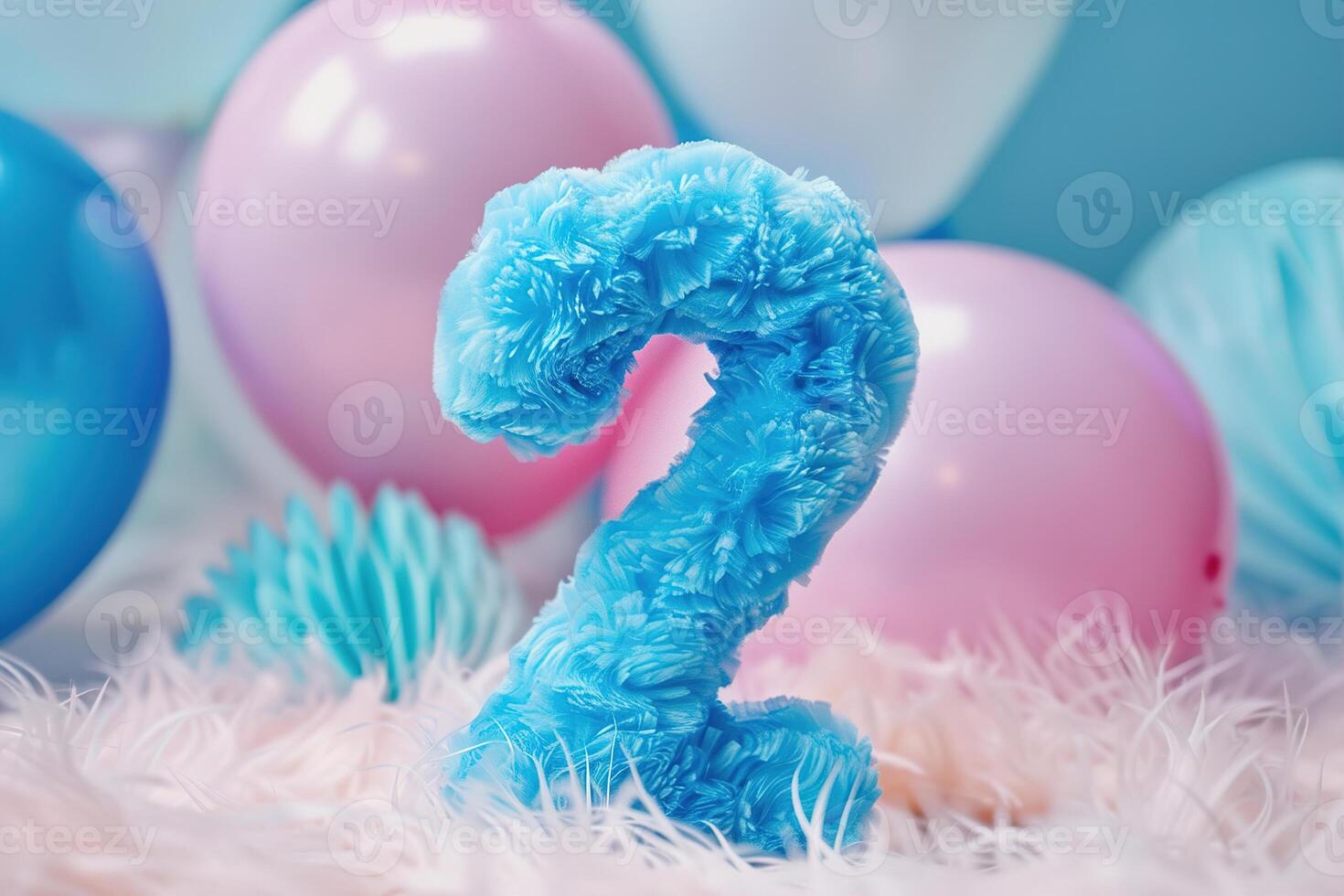 Blue and fluffy number two with blurred balloons on the background. Playful symbol 2. Invitation for second birthday celebration. Children, kids party. Greeting card design. photo