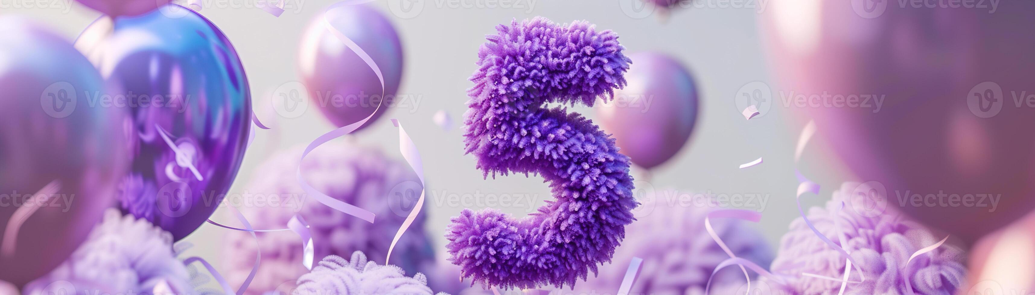 Vibrant, purple number five with blurred balloons on the background. Playful symbol 5. Invitation for fifth birthday celebration. Children, kids party. Greeting card design. Banner. photo