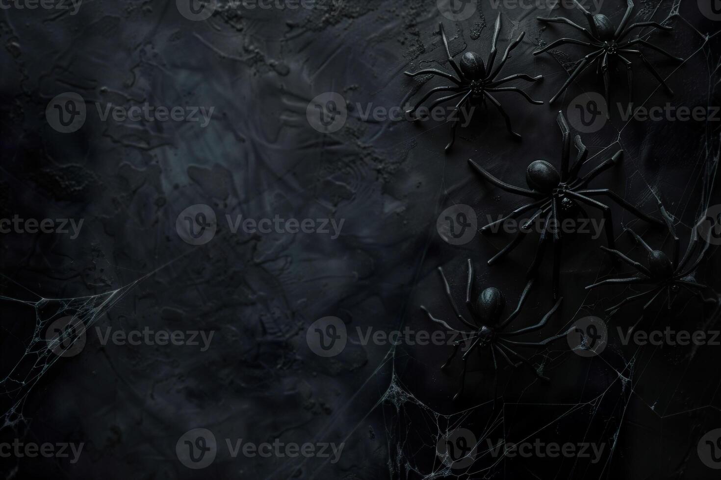 Sinister Halloween backdrop of black spiders crawling across a textured dark surface with cobwebs, ideal for a spooky theme with ample copy space. Happy Halloween. Mystical background. photo