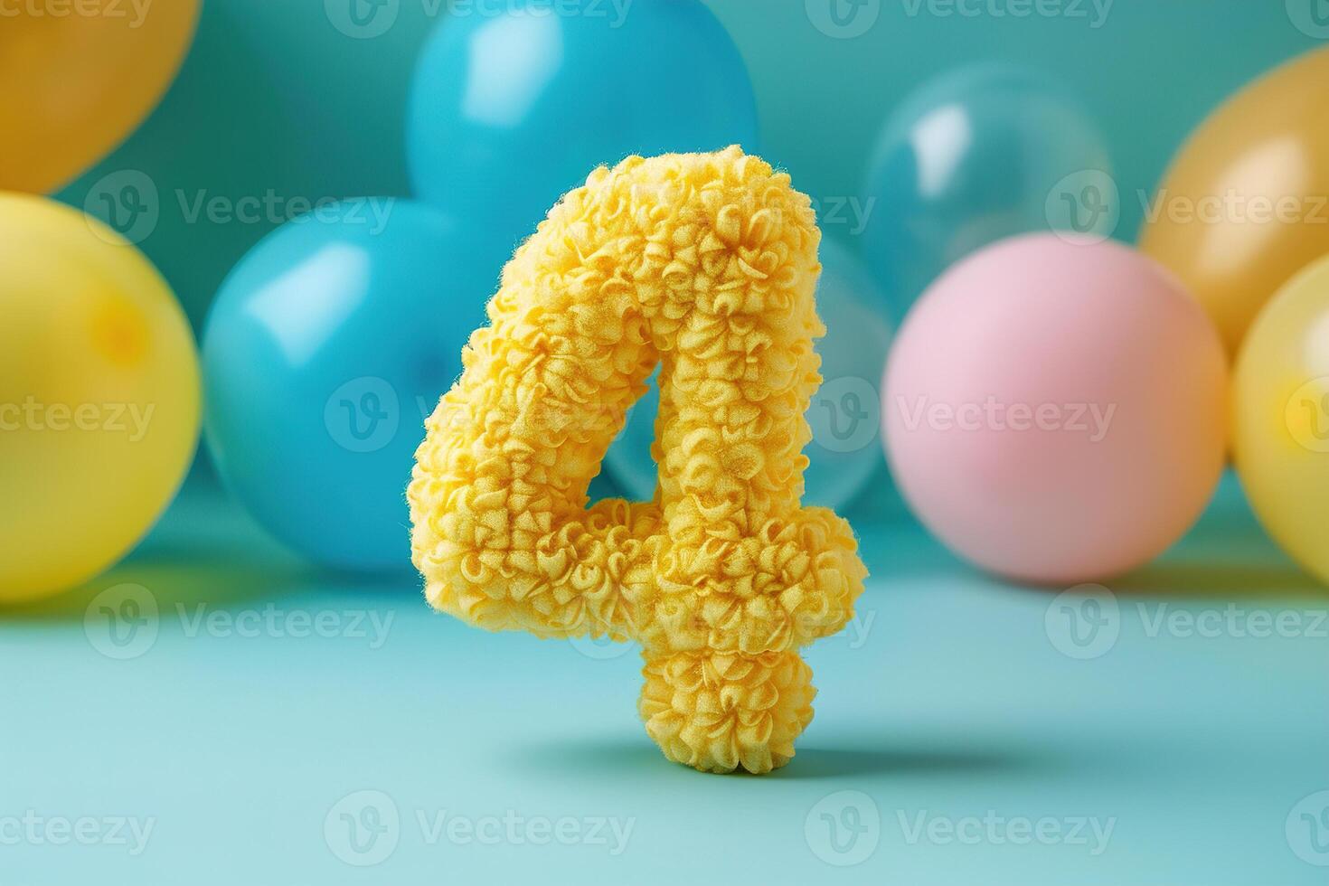 Vibrant, yellow and fluffy number four with blurred balloons on the background. Playful symbol 4. Invitation for fourth birthday celebration. Children, kids party. Greeting card design. photo