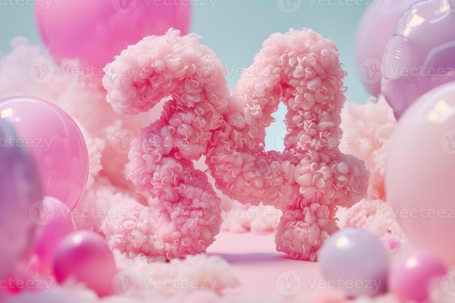 Pink, girlish and fluffy number thirty four with blurred balloons on the background. Playful symbol 34. Invitation for thirty fourth birthday celebration. Greeting card design. photo