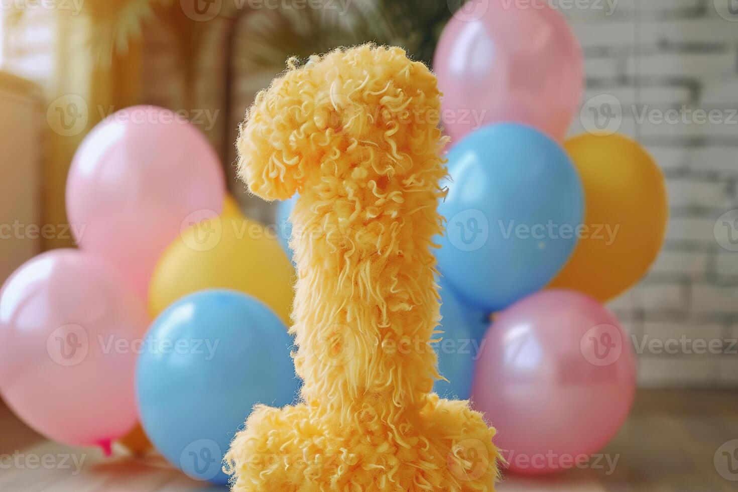 Vibrant, yellow and fluffy number one with blurred balloons on the background. Playful symbol 1. Invitation for first birthday celebration. Children, kids party. Greeting card design. photo