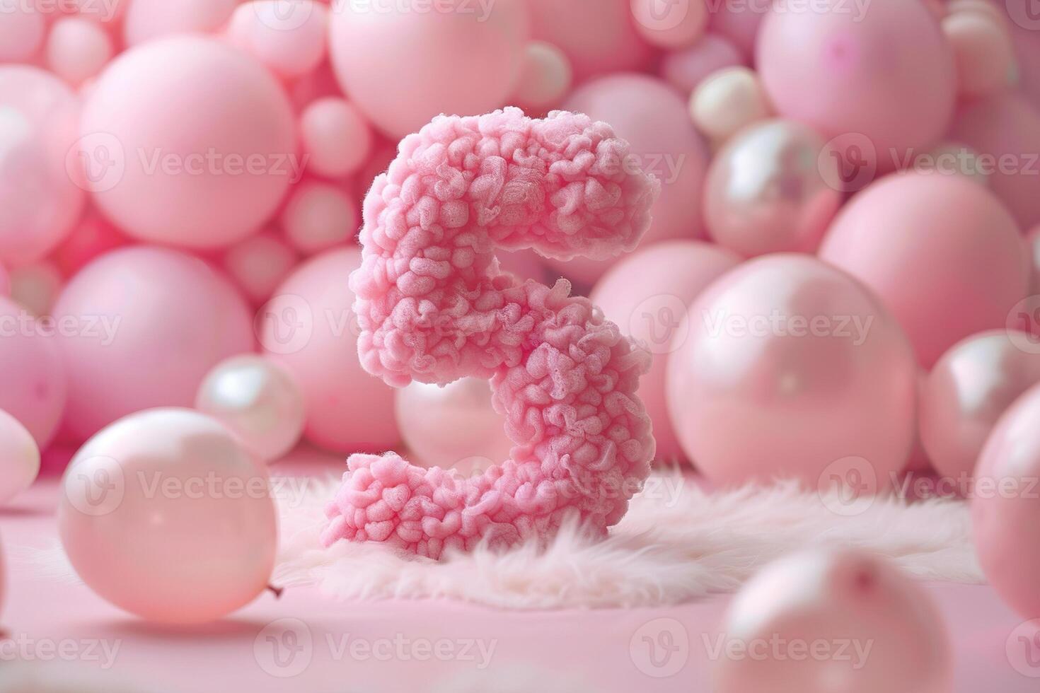 Pink, girlish and fluffy number five with blurred balloons on the background. Playful symbol 5. Invitation for fifth birthday celebration. Children, kids party. Greeting card design photo