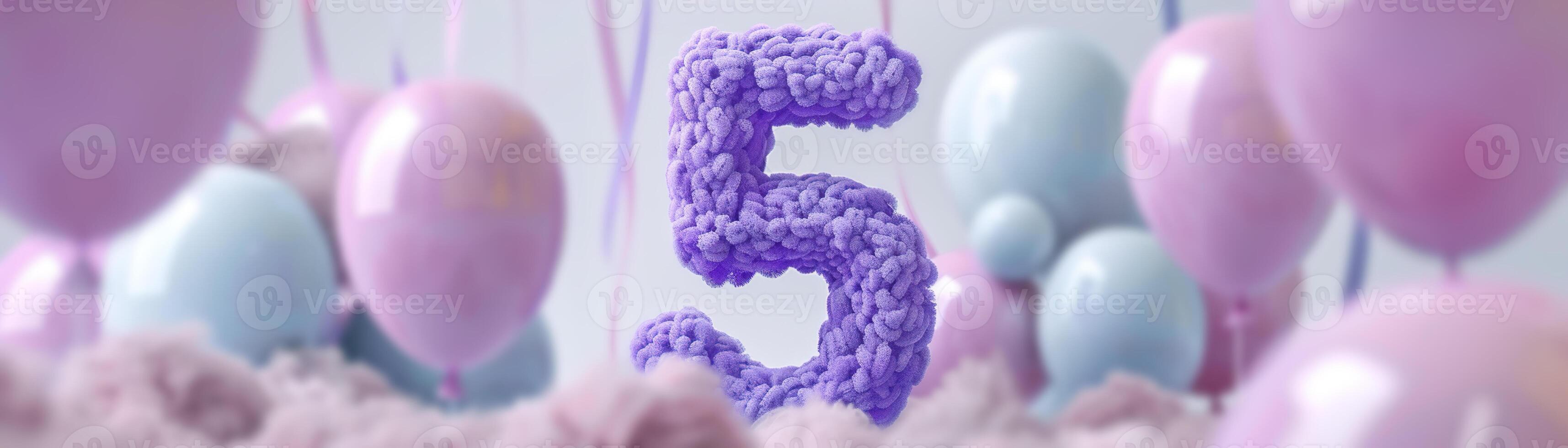 Vibrant, purple number five with blurred balloons on the background. Playful symbol 5. Invitation for fifth birthday celebration. Children, kids party. Greeting card design. Banner. photo