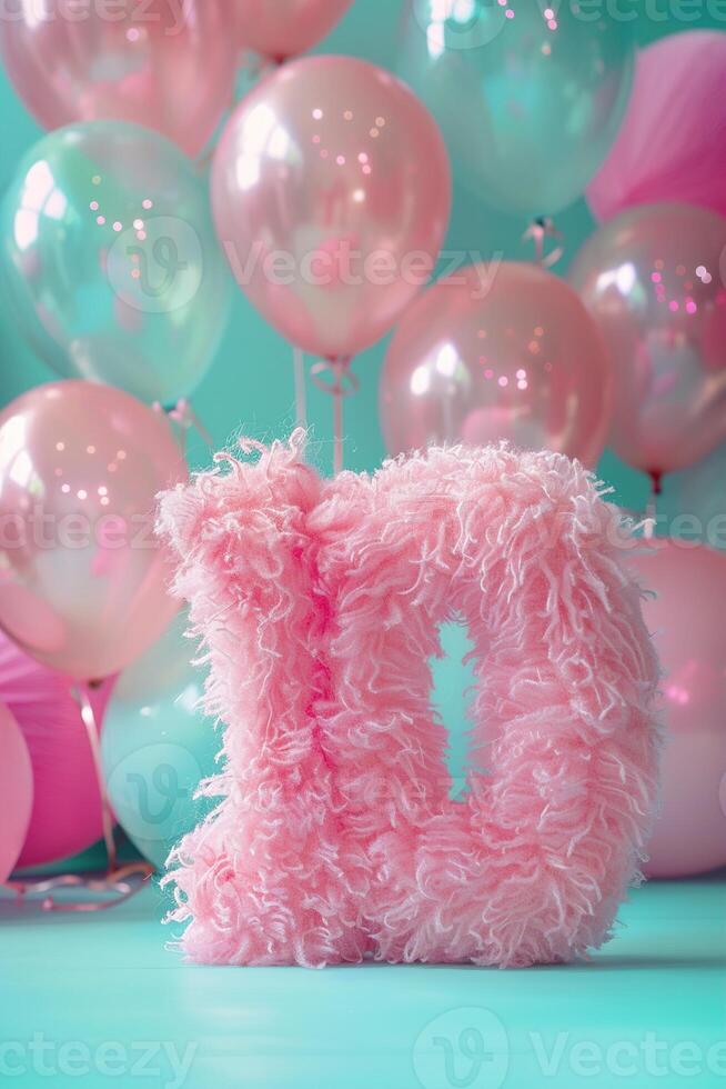 Pink, girlish and fluffy number ten with blurred balloons on the background. Playful symbol 10. Invitation for tenth birthday celebration. Children, kids party. Greeting card, vertical. photo