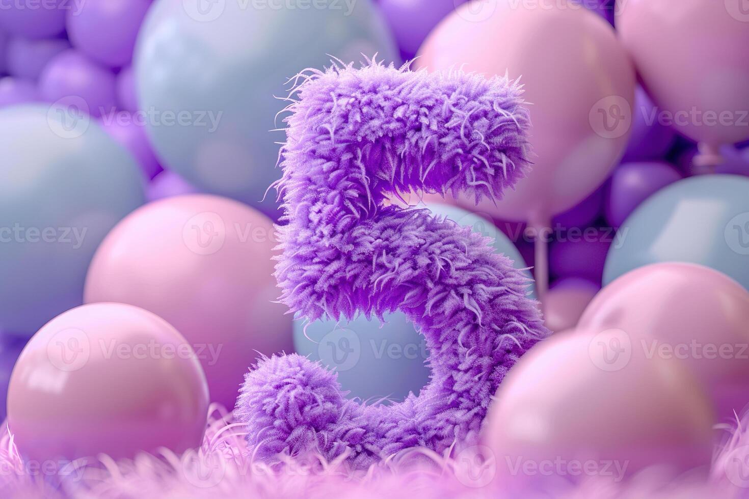 Vibrant, purple and fluffy number five with blurred balloons on the background. Playful symbol 5. Invitation for fifth birthday celebration. Children, kids party. Greeting card design. photo