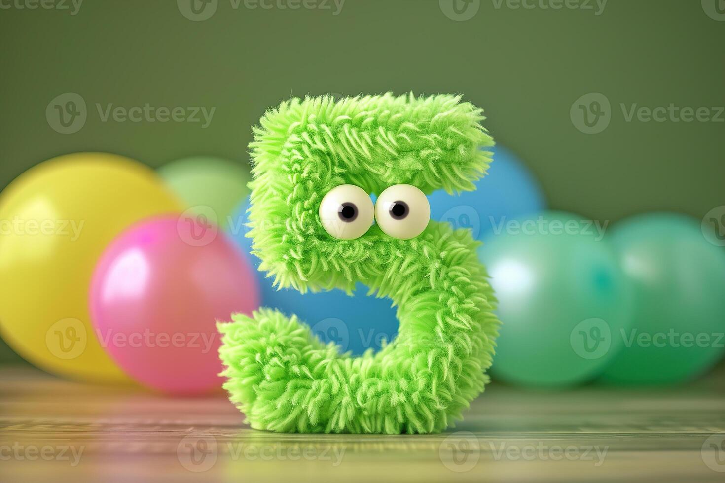 Vibrant, green and fluffy number five with blurred balloons on the background. Playful symbol 5. Invitation for fifth birthday celebration. Children, kids party. Greeting card design. photo