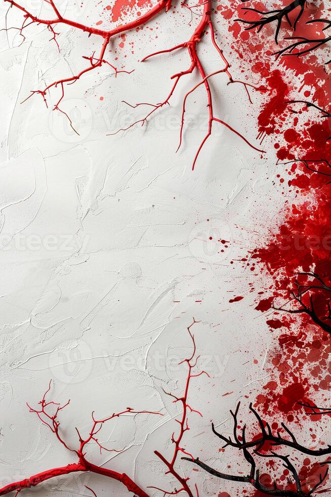 A striking vertical Halloween background featuring abstract red branches on a textured white surface, splattered with vivid red, offering ample copy space for haunting themes. photo
