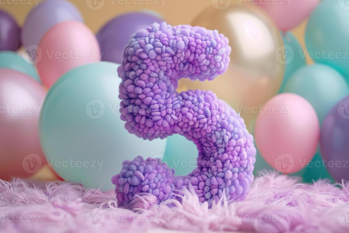 Vibrant, purple and fluffy number five with blurred balloons on the background. Playful symbol 5. Invitation for fifth birthday celebration. Children, kids party. Greeting card design. photo