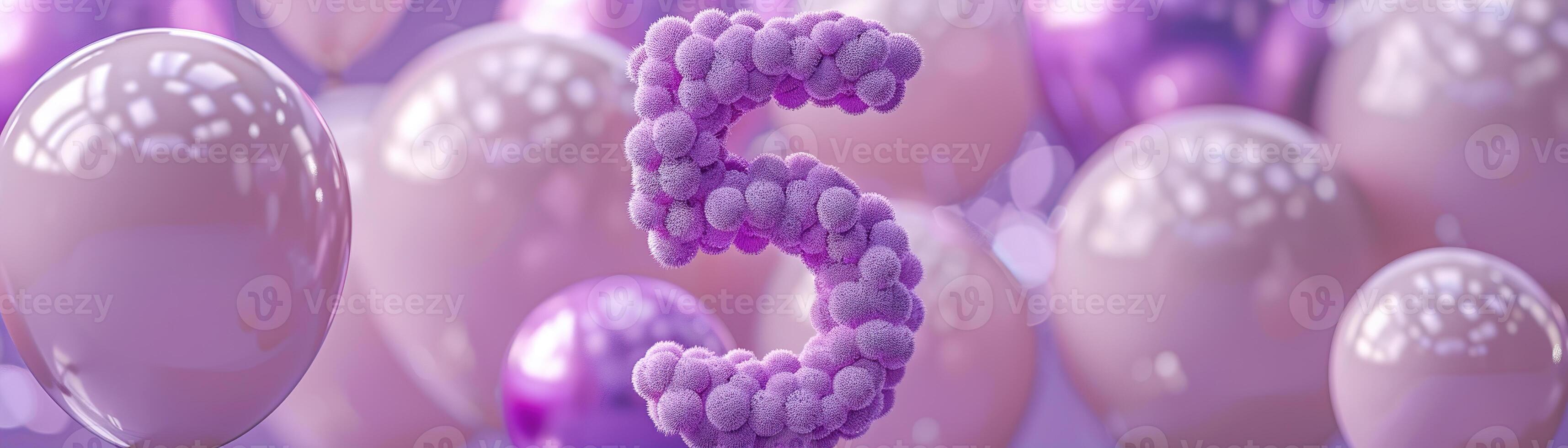 Vibrant, purple number five with blurred balloons on the background. Playful symbol 5. Invitation for fifth birthday celebration. Children, kids party. Greeting card design. Banner. photo