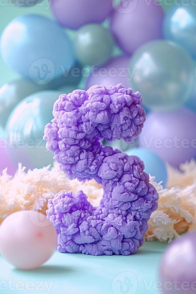 Vibrant, purple, fluffy number five with blurred balloons on the background. Playful symbol 5. Invitation for fifth birthday celebration. Children, kids party. Greeting card, vertical. photo