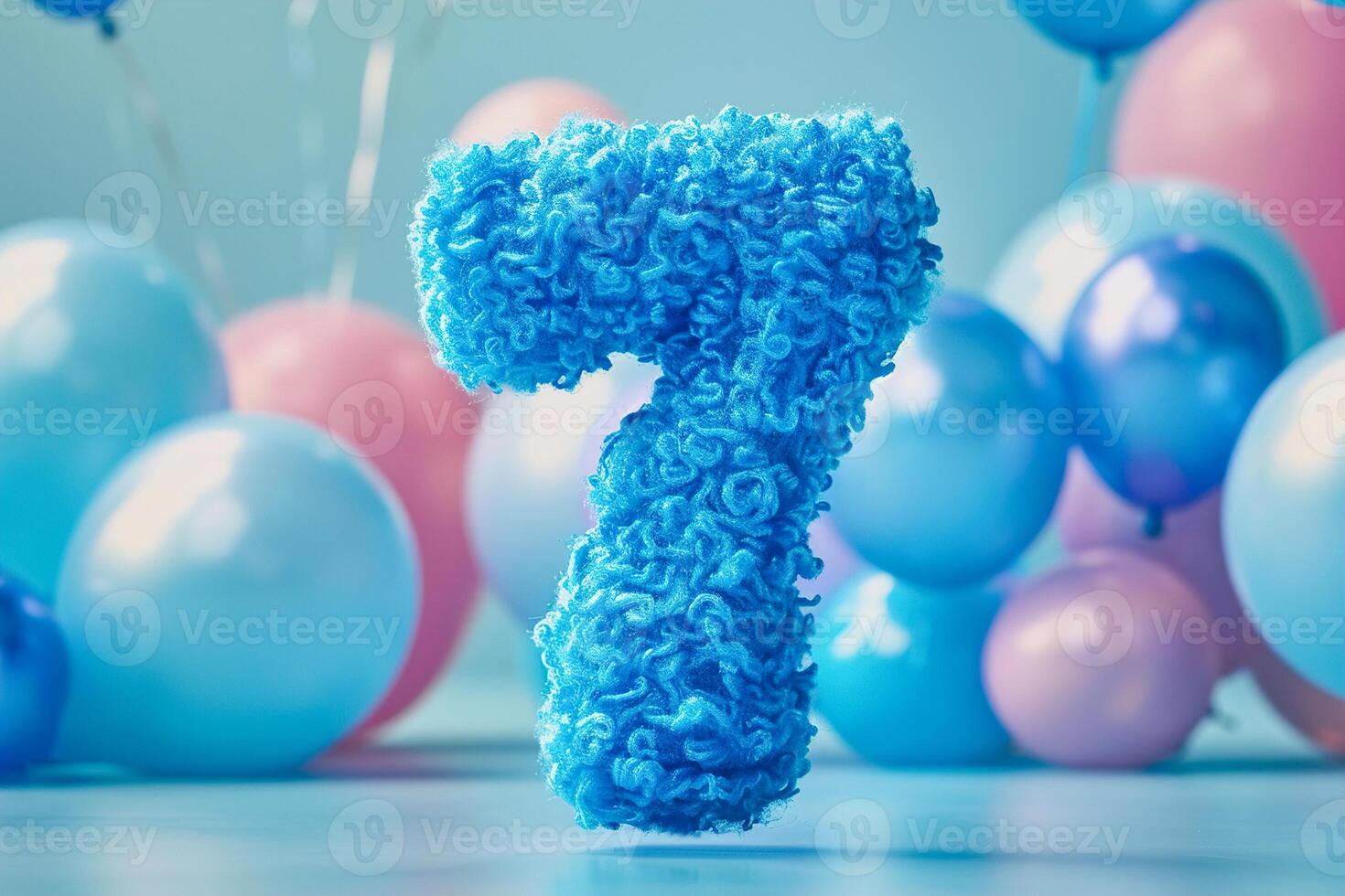 Blue and fluffy number seven with blurred balloons on the background. Playful symbol 7. Invitation for seventh birthday celebration. Children, kids party. Greeting card design. photo