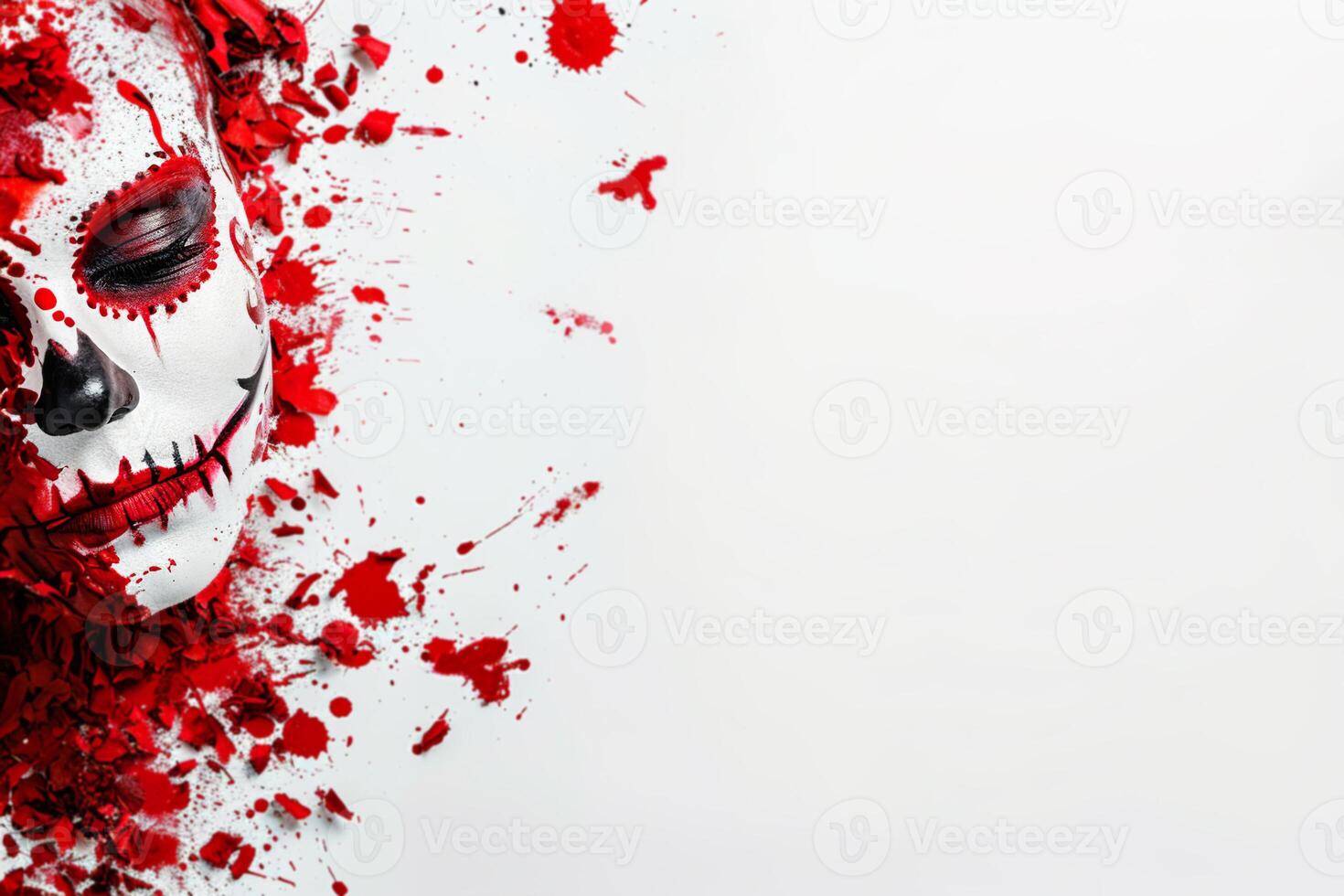 Captivating Halloween concept with skull covered in red blood splatters, surrounded by crimson petals, creating striking and dramatic visual. Perfect for themes of horror, suspense. photo
