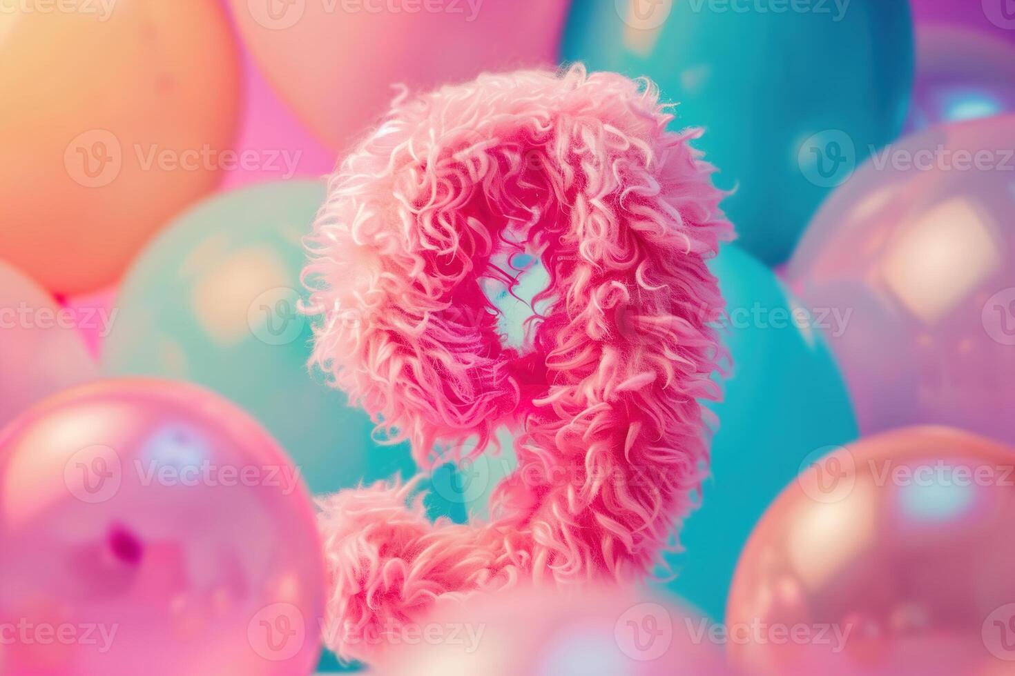 Pink, girlish and fluffy number nine with blurred balloons on the background. Playful symbol 9. Invitation for ninth birthday celebration. Children, kids party. Greeting card design photo