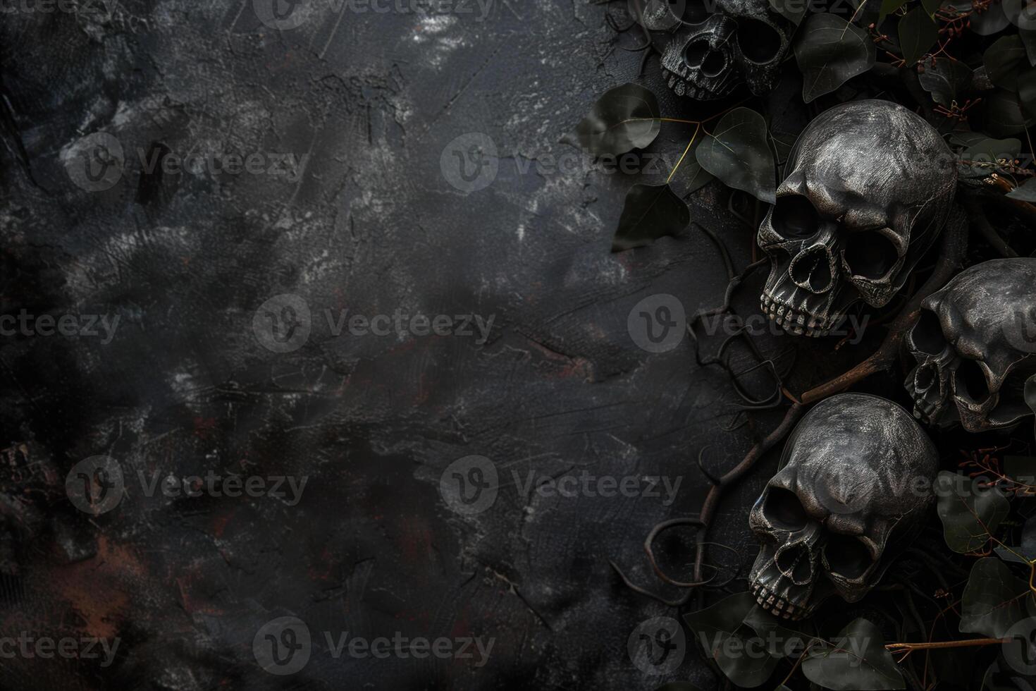 Dark and moody Halloween themed backdrop featuring skulls and dark foliage on a textured black surface, creating a spooky and atmospheric setting. Empty, copy space for text. photo