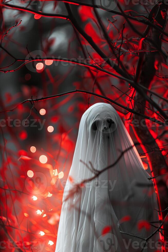 A haunting white figure with a skull face emerges from the shadows, backdropped by a mystical forest of crimson leaves and glowing red lights, creating a chilling Halloween scene. photo