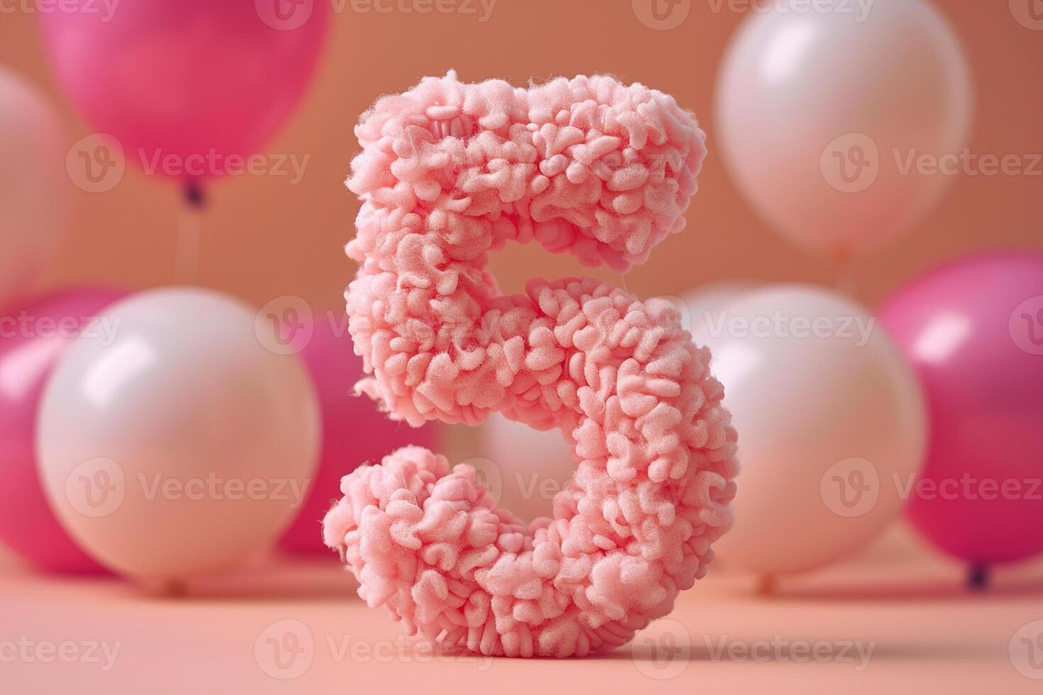 Pink, girlish and fluffy number five with blurred balloons on the background. Playful symbol 5. Invitation for fifth birthday celebration. Children, kids party. Greeting card design. photo