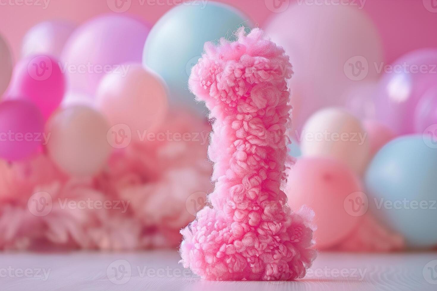 Pink, girlish and fluffy number one with blurred balloons on the background. Playful symbol 1. Invitation for first birthday celebration. Children, kids party. Greeting card design. . photo
