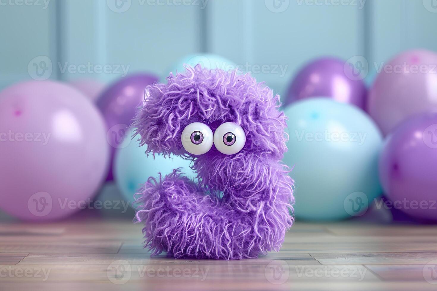 Vibrant, purple and fluffy number three with blurred balloons on the background. Playful symbol 3. Invitation for third birthday celebration. Children, kids party. Greeting card design. photo