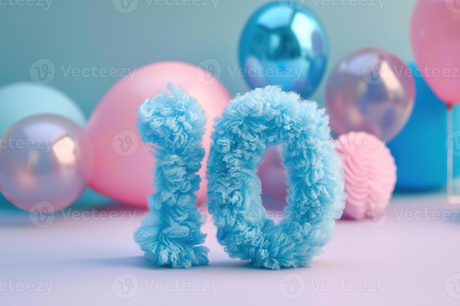 Blue and fluffy number ten with blurred balloons on the background. Playful symbol 10. Invitation for tenth birthday celebration. Children, kids party. Greeting card design. photo