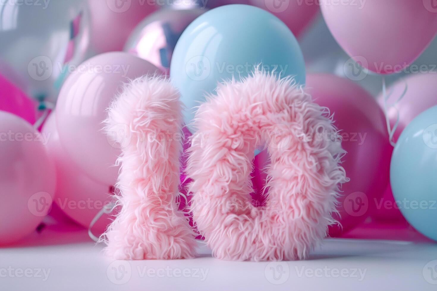 Pink, girlish and fluffy number ten with blurred balloons on the background. Playful symbol 10. Invitation for tenth birthday celebration. Children, kids party. Greeting card design. photo