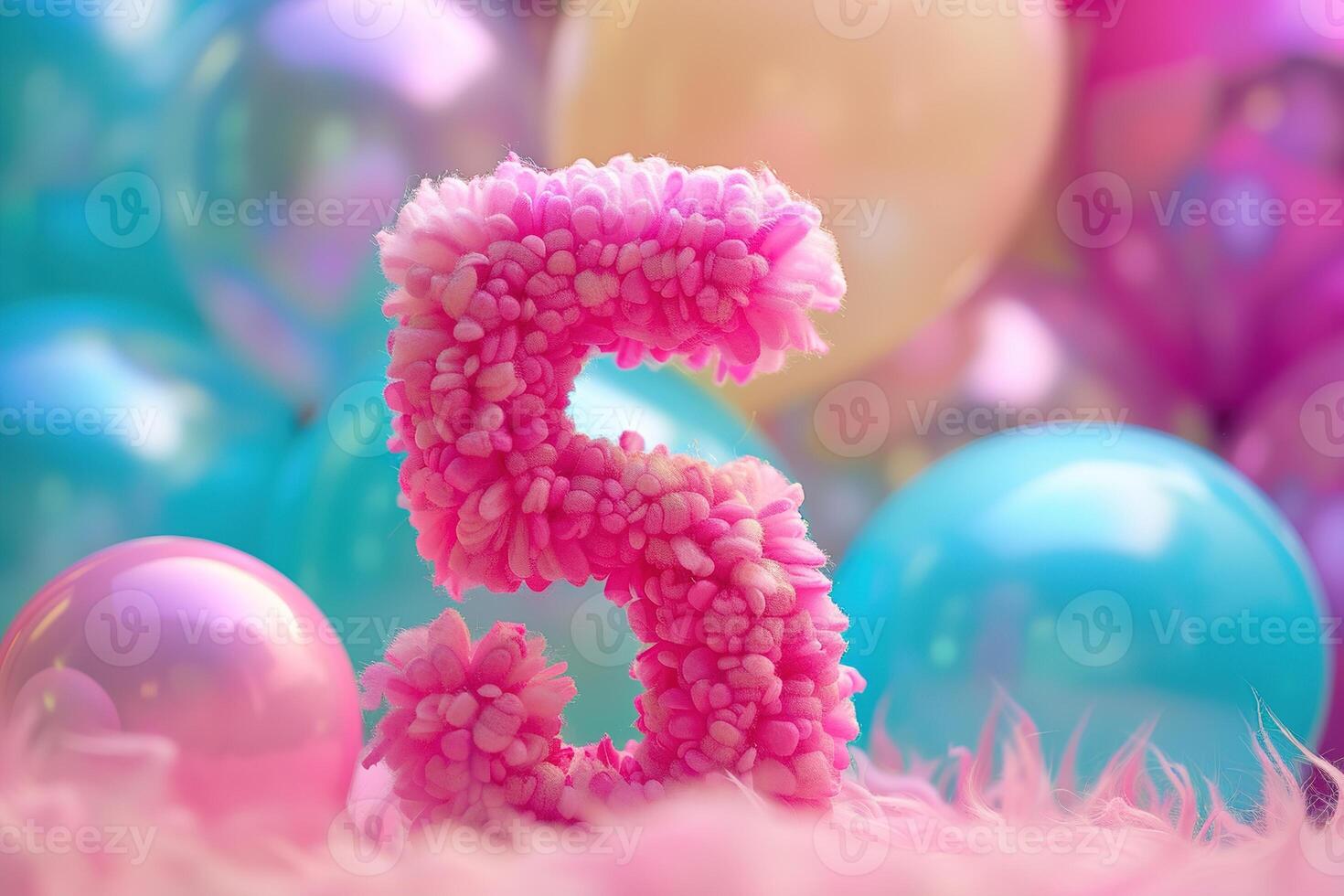 Pink, girlish and fluffy number five with blurred balloons on the background. Playful symbol 5. Invitation for fifth birthday celebration. Children, kids party. Greeting card design. photo