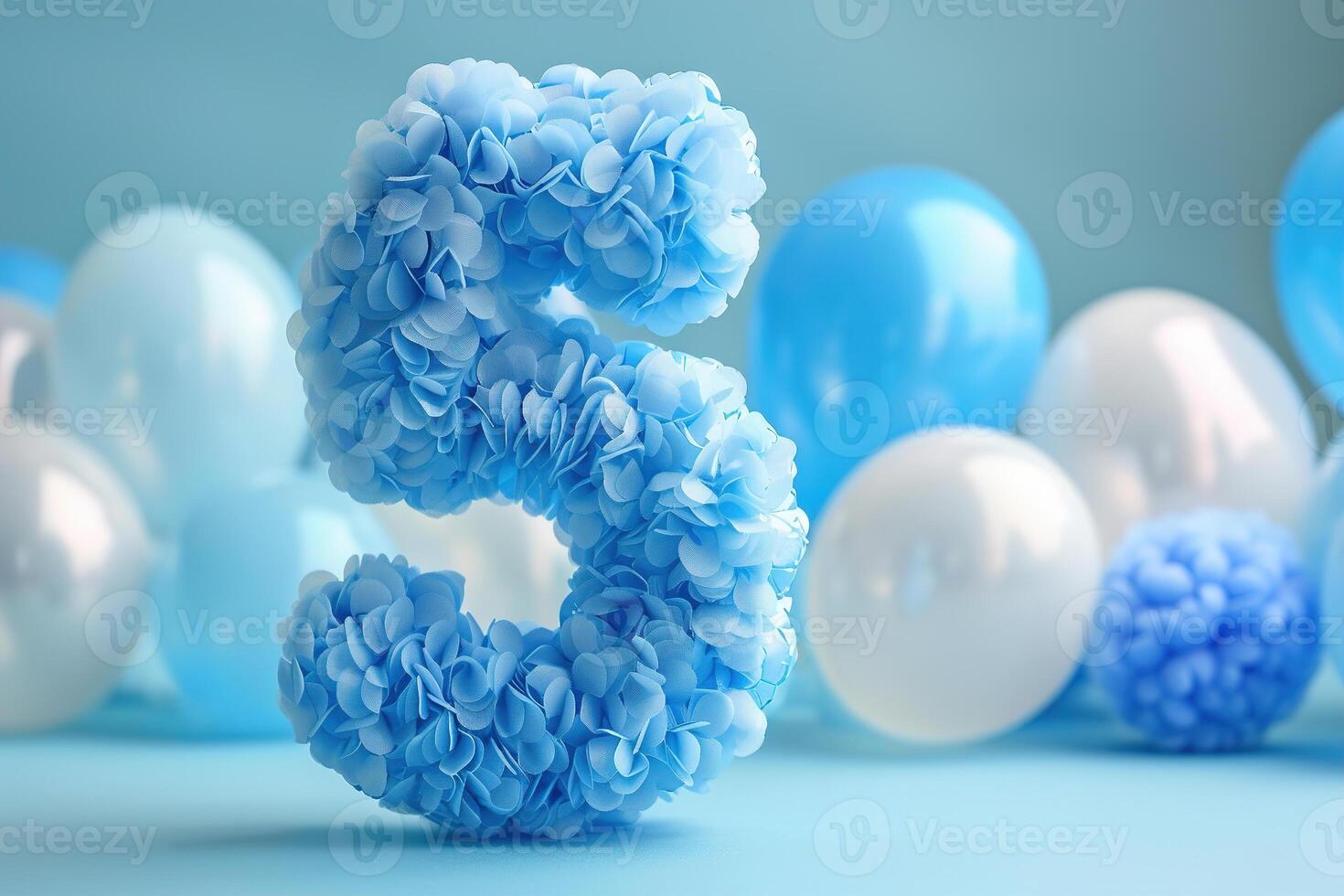 Blue and soft number five with blurred balloons on the background. Playful symbol 5. Invitation for fifth birthday celebration. Children, kids party. Greeting card design. photo