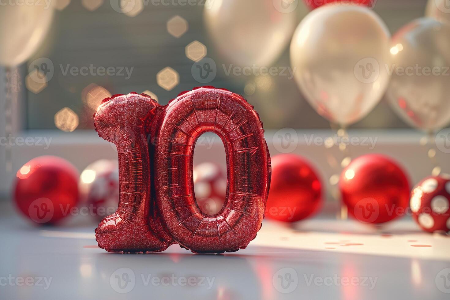 Vibrant, red and glossy number ten with blurred balloons on the background. Playful symbol 10. Invitation for tenth birthday celebration. Children, kids party. Greeting card, vertical. photo
