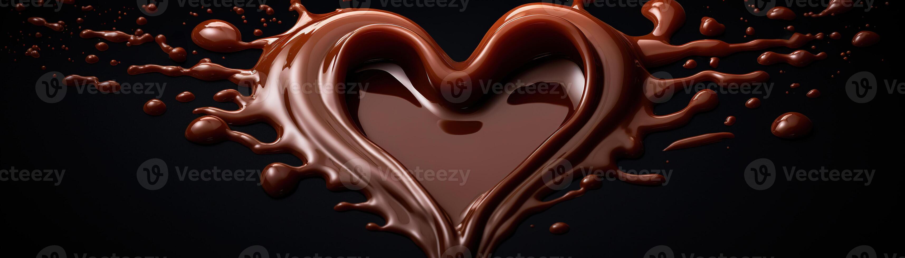 A captivating heart shaped splash of liquid chocolate against a dark background, symbolizing love and indulgence, perfect for World Chocolate Day and romantic themes. Panoramic banner. . photo