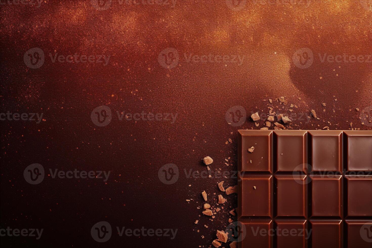 A luxurious chocolate bar rests on a textured, sparkling brown background, perfect for World Chocolate Day promotions, with ample space for text. photo