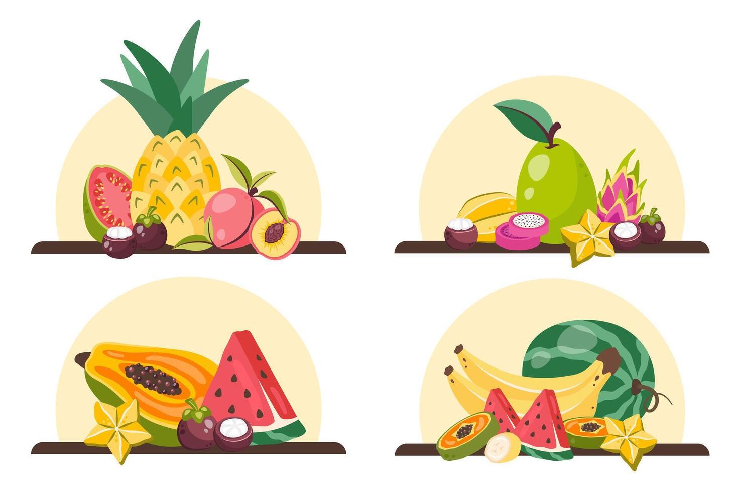 Set of Tropical fruits. Fresh Exotic fruit. Healthy food. Dragon fruit, papaya, guava, banana, pineapple, watermelon, carambola. Natural snack. flat illustration for stickers, posters, kitchen vector