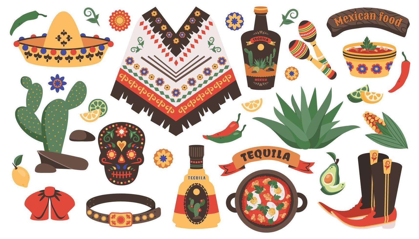 Mexican set. Cartoon elements of mexican culture. Traditional food, hat, skull, guitar, kitchen. Hand drawn doodle stickers. illustration for decorations party, carnival, holiday, Cinco de Mayo vector
