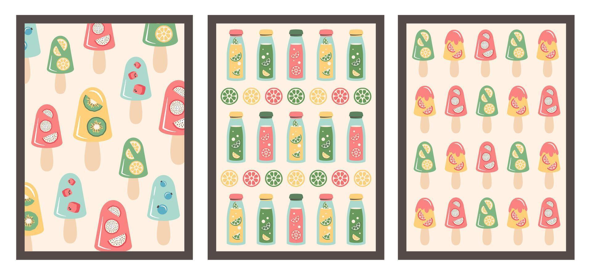 Summer bacckgrounds set. Pink yellow blue Ice cream with slice of tropical fruits. Frozen yogurt. Lemonade bottles. Citrus juicy with various flavor. Tasty summer food. illustration vector
