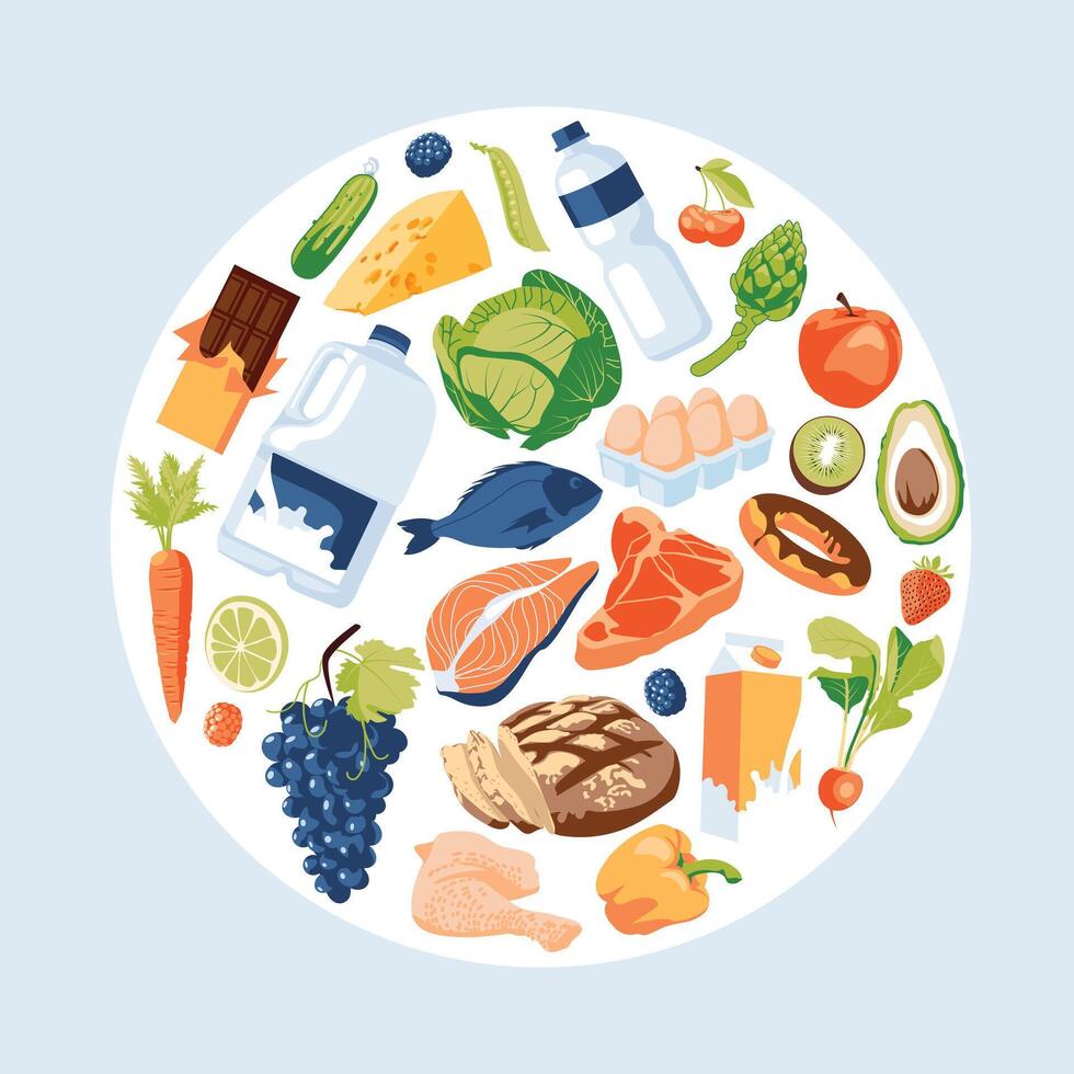 Set of food and drink grocery store objects. Advertising local shopping. Square and circle design composition. flat illustration vector