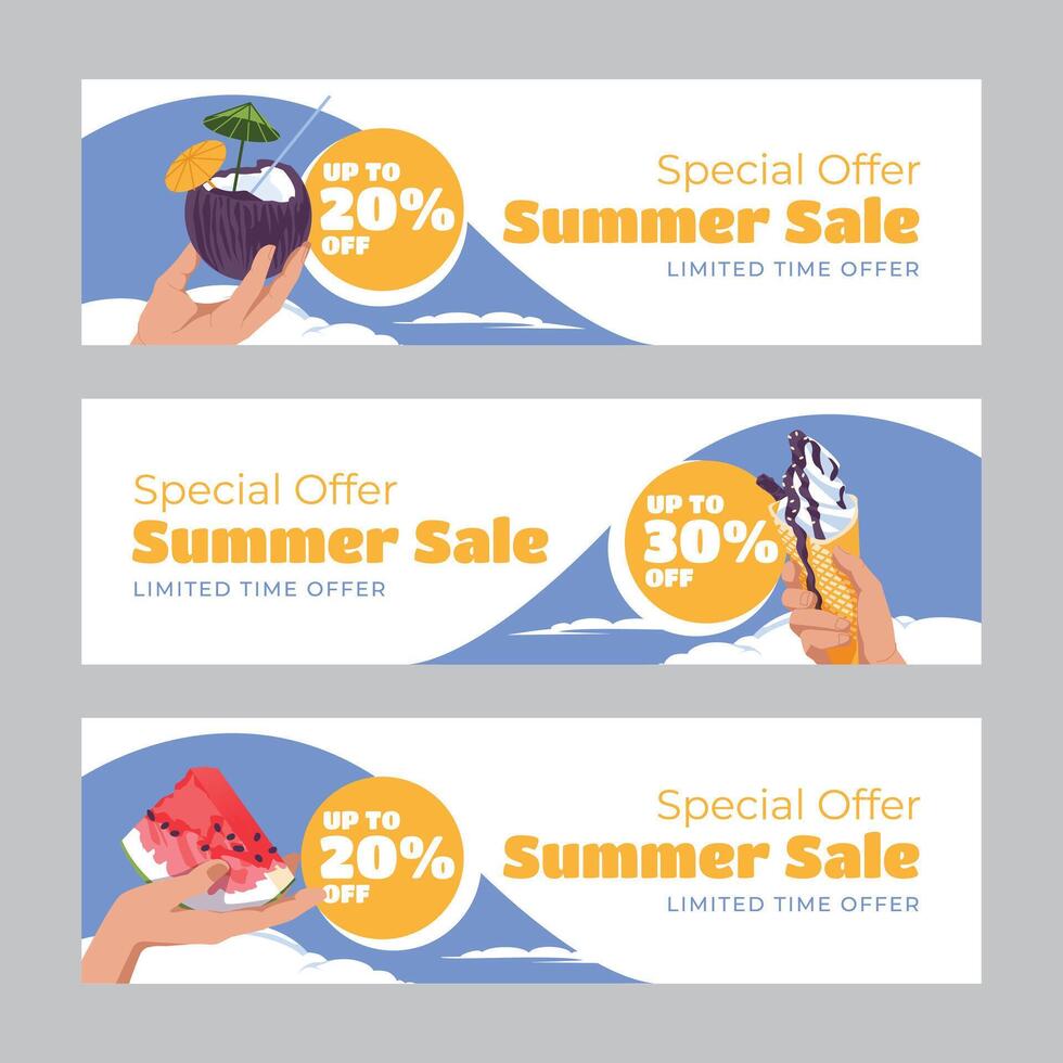 Set of three horizontal banners. Summer season discount advertising. A symbol of the holiday season. illustration vector