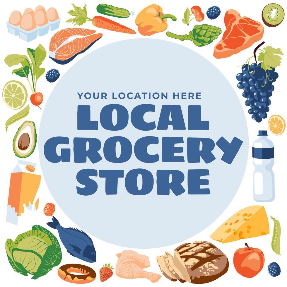 Set of food and drink grocery store objects. Advertising local shopping. Square and circle design composition. flat illustration vector