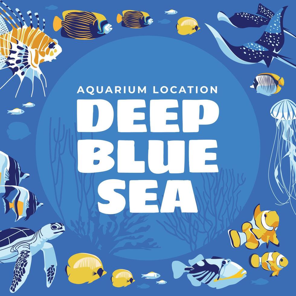 Underwater coral reef animals set. Advertisement of aquariums and scuba diving. Square and round composition design. flat illustration vector