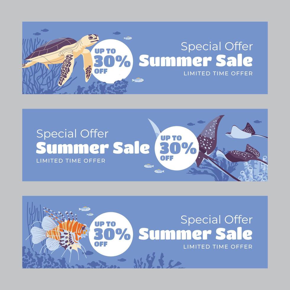 Set of three horizontal banners. Summer season discount advertising. Underwater animals from the coral reef. Diving. illustration vector